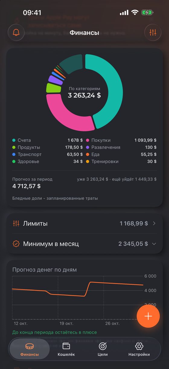 Траты по категориям и прогноз денег по дням